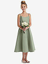 Front View Thumbnail - Sage Adjustable Spaghetti Strap Satin Midi Junior Bridesmaid Dress