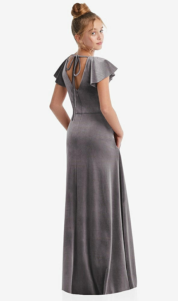 Back View - Caviar Gray Flutter Sleeve Tie Back Velvet Junior Bridesmaid Dress