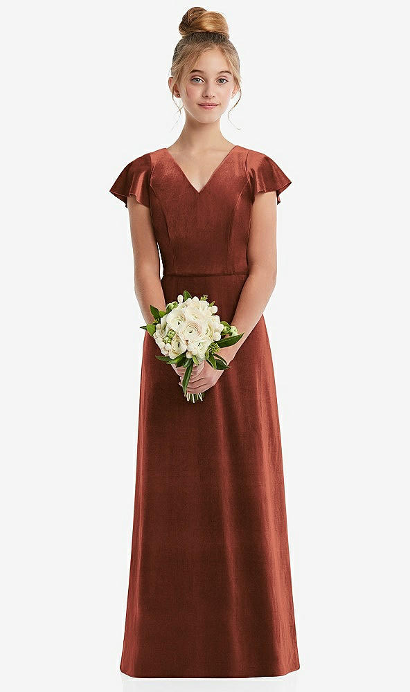 Front View - Auburn Moon Flutter Sleeve Tie Back Velvet Junior Bridesmaid Dress