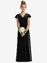 Front View Thumbnail - Black Flutter Sleeve Tie Back Velvet Junior Bridesmaid Dress