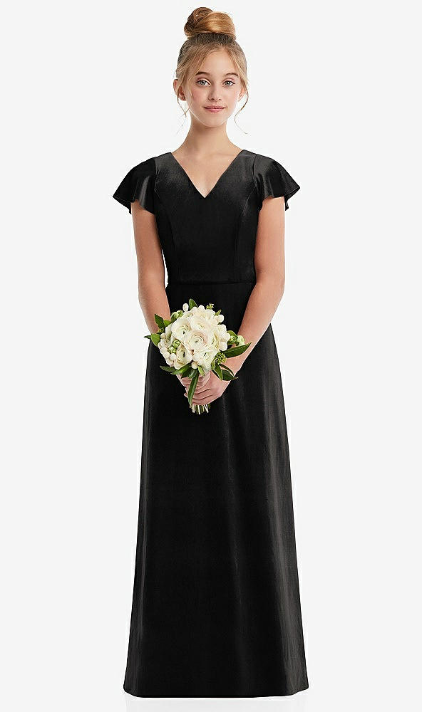 Front View - Black Flutter Sleeve Tie Back Velvet Junior Bridesmaid Dress