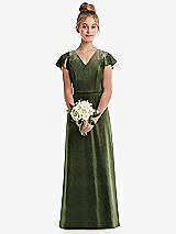 Front View Thumbnail - Olive Green Flutter Sleeve Tie Back Velvet Junior Bridesmaid Dress