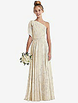 Front View Thumbnail - Butter Yellow Floral One-Shoulder Scarf Bow Chiffon Junior Bridesmaid Dress