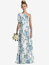Front View Thumbnail - Cottage Rose Dusk Blue One-Shoulder Scarf Bow Chiffon Junior Bridesmaid Dress