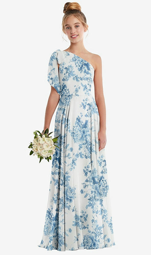 Front View - Cottage Rose Dusk Blue One-Shoulder Scarf Bow Chiffon Junior Bridesmaid Dress