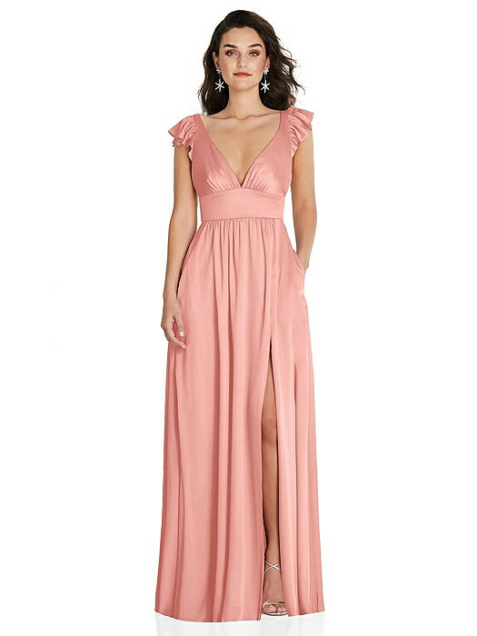 Deep V-Neck Ruffle Cap Sleeve Maxi Dress with Convertible Straps