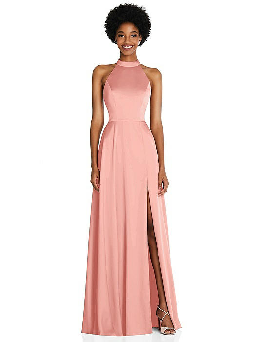 Stand Collar Cutout Tie Back Maxi Dress with Front Slit