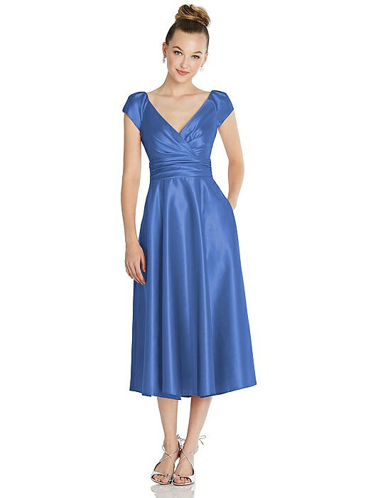 Cap Sleeve Faux Wrap Satin Midi Dress with Pockets