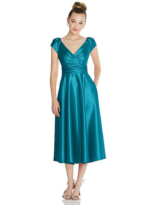 Cap Sleeve Faux Wrap Satin Midi Dress with Pockets