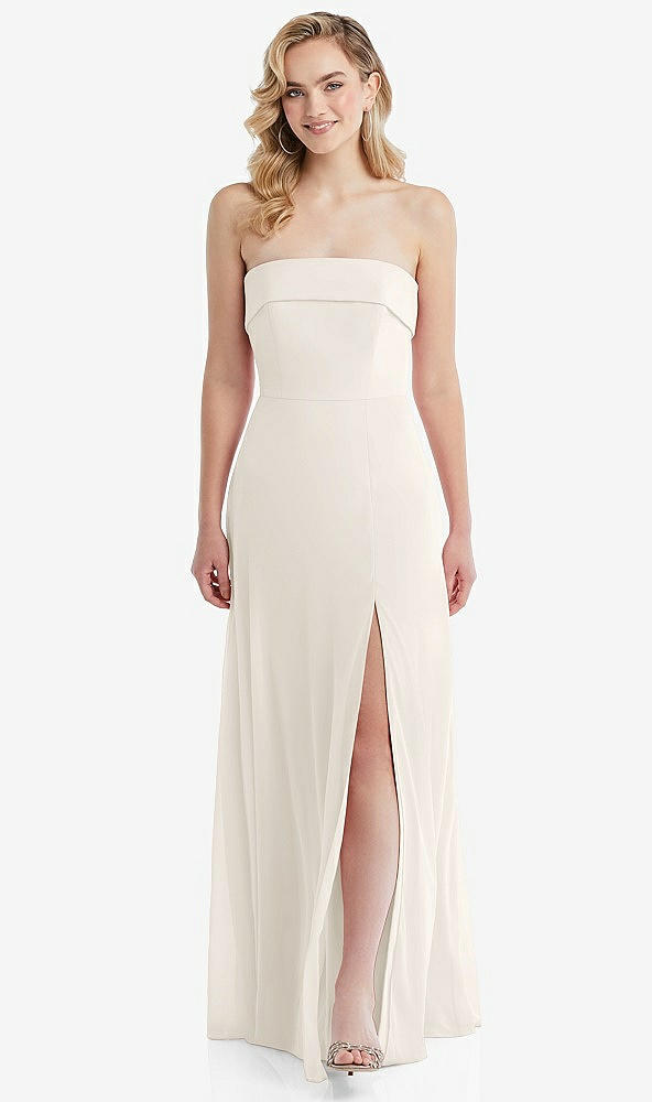 Front View - Ivory Cuffed Strapless Maxi Dress with Front Slit
