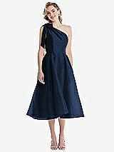 Front View Thumbnail - Midnight Navy Scarf-Tie One-Shoulder Organdy Midi Dress