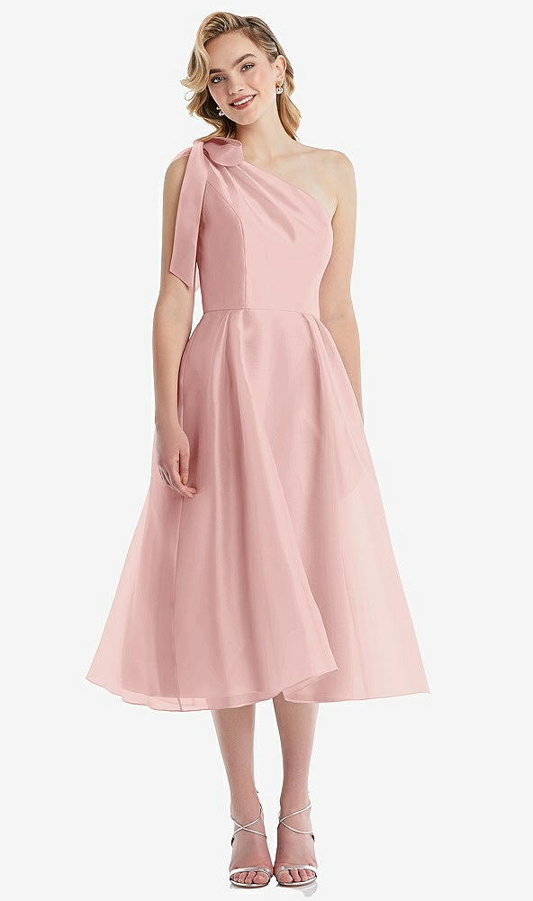 Front View - Rose Scarf-Tie One-Shoulder Organdy Midi Dress 
