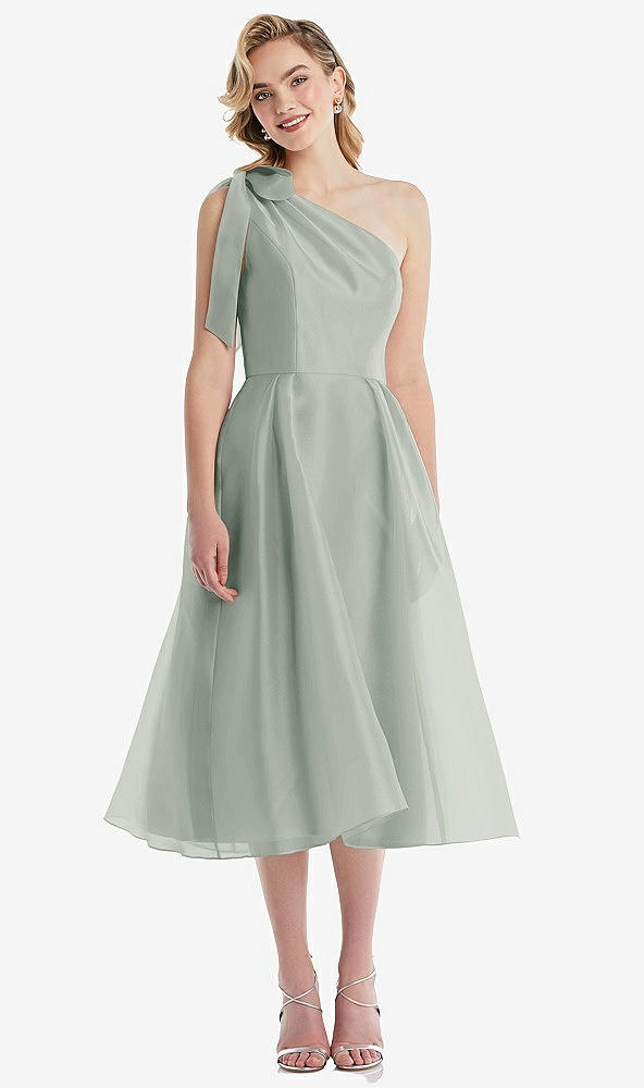 Front View - Willow Green Scarf-Tie One-Shoulder Organdy Midi Dress