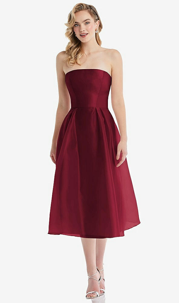 Front View - Burgundy Strapless Pleated Skirt Organdy Midi Dress