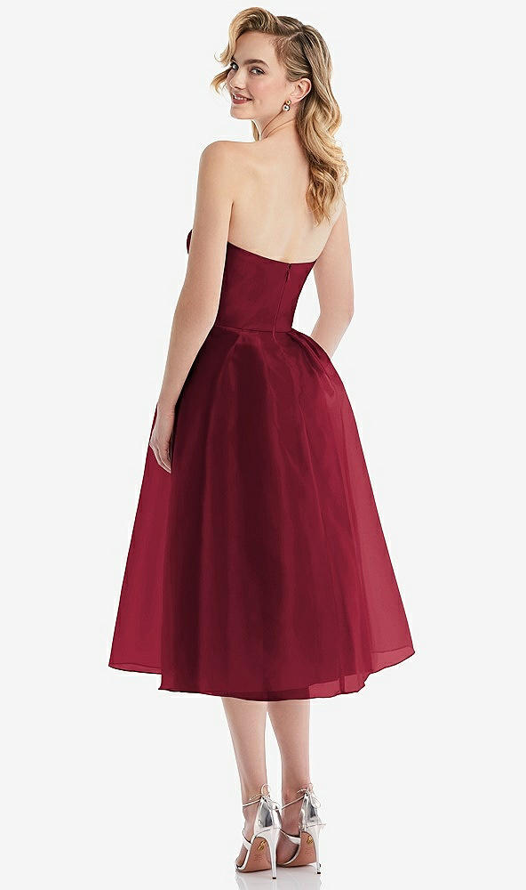 Back View - Burgundy Strapless Pleated Skirt Organdy Midi Dress