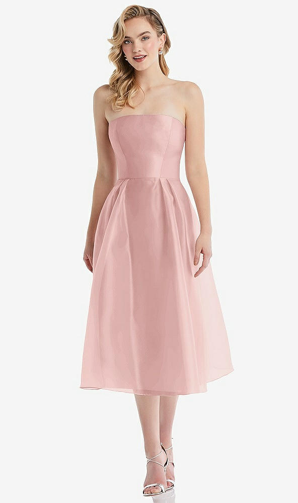 Front View - Rose Strapless Pleated Skirt Organdy Midi Dress