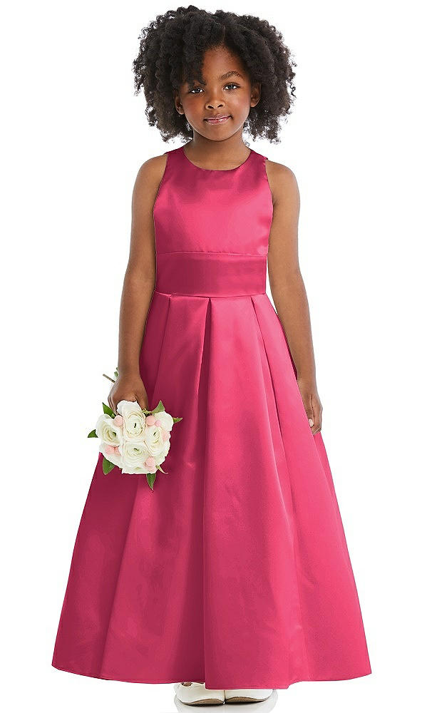 Front View - Pantone Honeysuckle Sleeveless Pleated Skirt Satin Flower Girl Dress