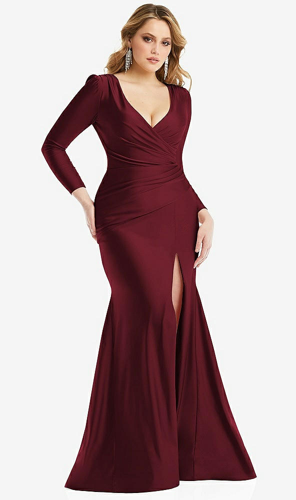 Front View - Cabernet Long Sleeve Draped Wrap Stretch Satin Mermaid Dress with Slight Train