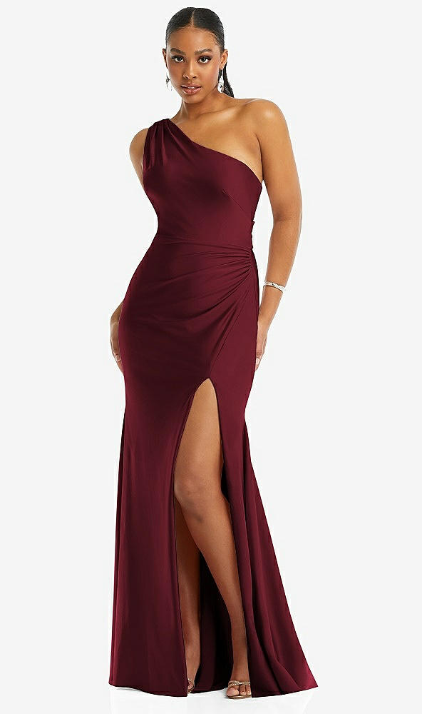 Front View - Cabernet One-Shoulder Asymmetrical Cowl Back Stretch Satin Mermaid Dress