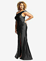 Side View Thumbnail - Black One-Shoulder Bias-Cuff Stretch Satin Mermaid Dress with Slight Train