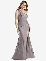 Front View Thumbnail - Cashmere Gray Cascading Bow One-Shoulder Stretch Satin Mermaid Dress with Slight Train
