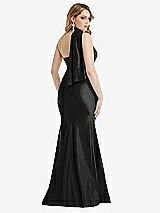 Rear View Thumbnail - Black Scarf Neck One-Shoulder Stretch Satin Mermaid Dress with Slight Train