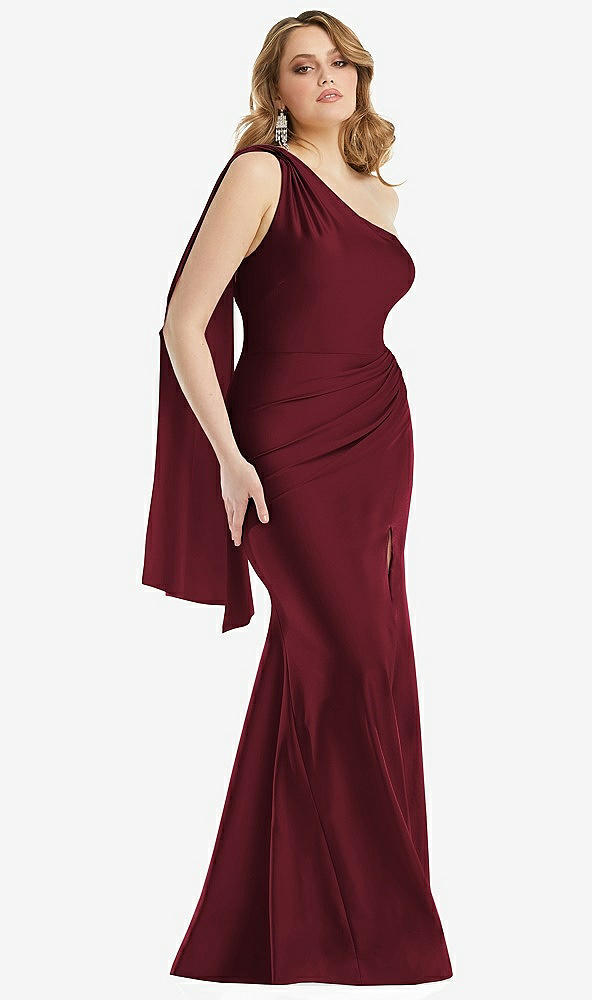 Front View - Cabernet Scarf Neck One-Shoulder Stretch Satin Mermaid Dress with Slight Train