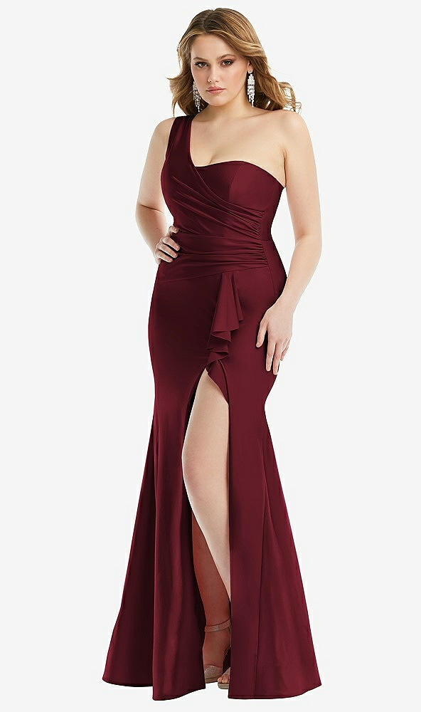 Front View - Cabernet One-Shoulder Bustier Stretch Satin Mermaid Dress with Cascade Ruffle