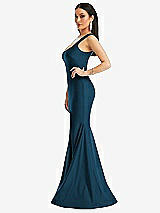 Side View Thumbnail - Atlantic Blue Square Neck Stretch Satin Mermaid Dress with Slight Train