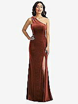Front View Thumbnail - Auburn Moon One-Shoulder Velvet Trumpet Gown with Front Slit