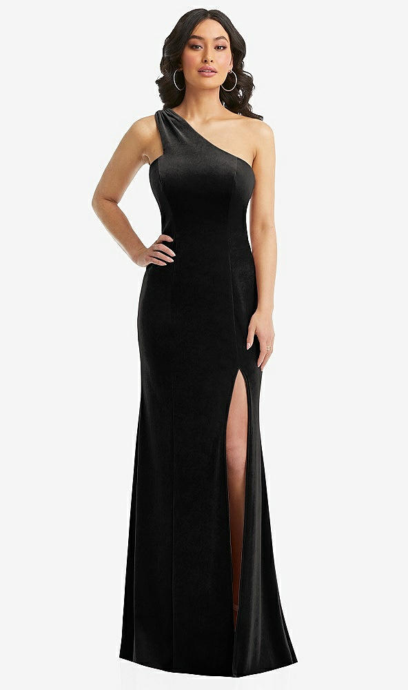 Front View - Black One-Shoulder Velvet Trumpet Gown with Front Slit