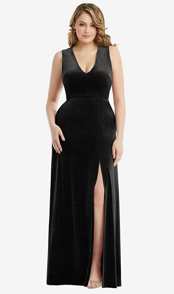Front View - Black Deep V-Neck Sleeveless Velvet Maxi Dress with Pockets