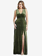 Front View Thumbnail - Olive Green Deep V-Neck Sleeveless Velvet Maxi Dress with Pockets
