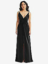 Front View Thumbnail - Black Skinny Strap Plunge Neckline Maxi Dress with Bow Detail