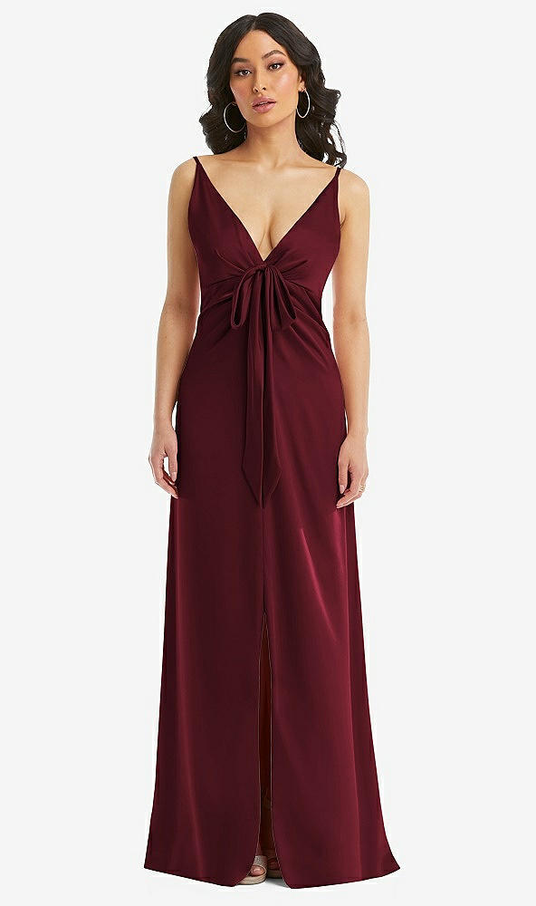 Front View - Cabernet Skinny Strap Plunge Neckline Maxi Dress with Bow Detail