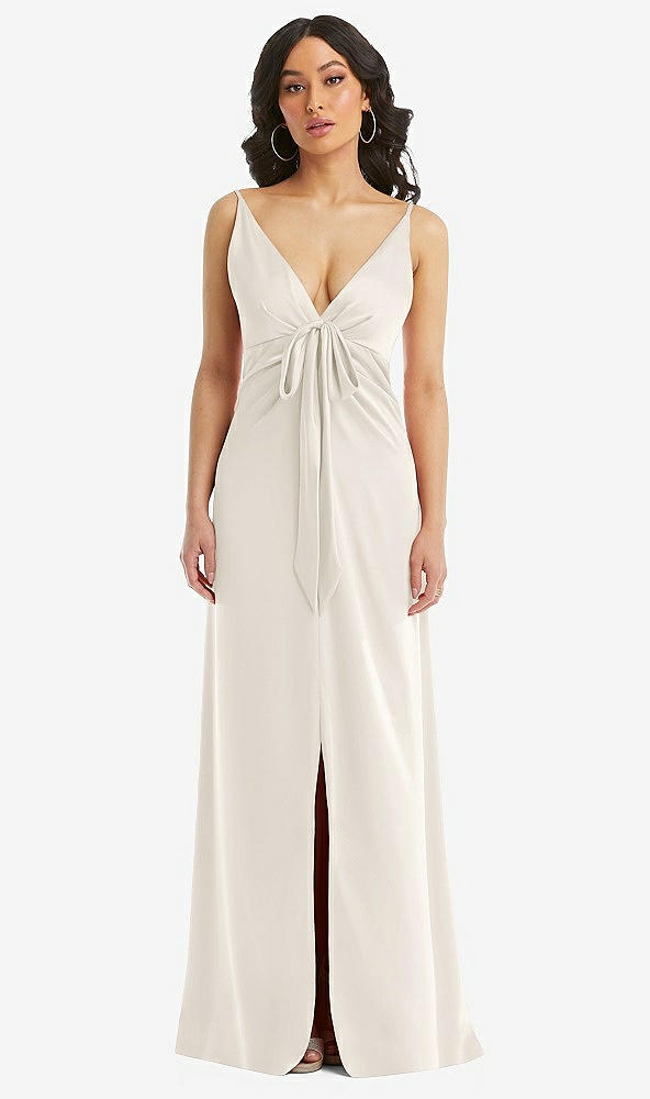 Front View - Ivory Skinny Strap Plunge Neckline Maxi Dress with Bow Detail