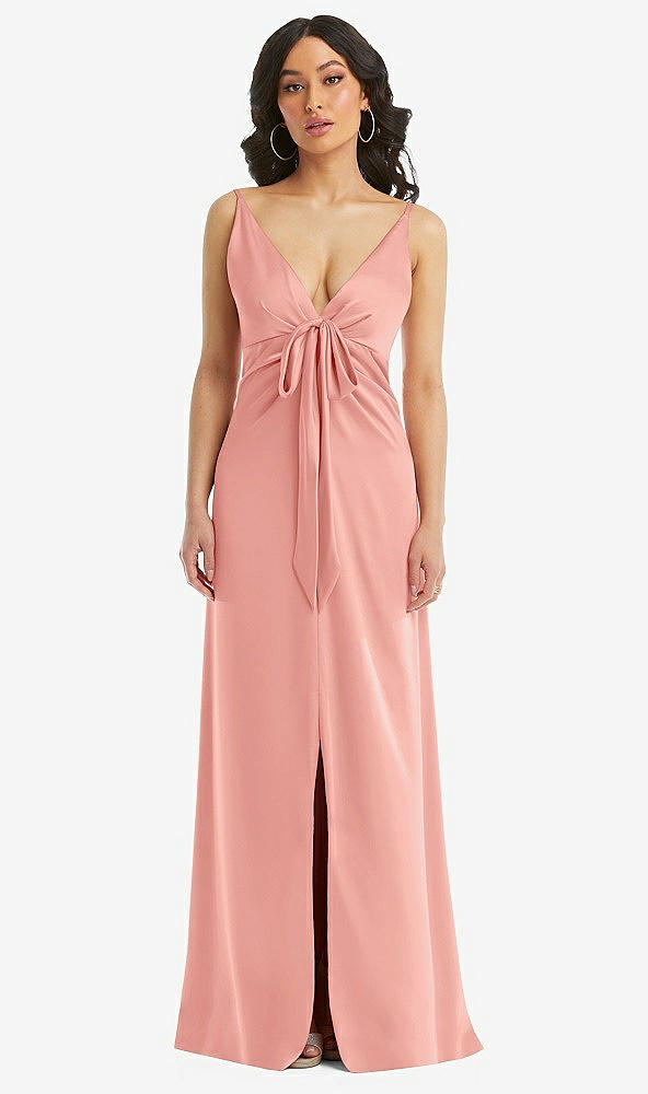 Front View - Rose Skinny Strap Plunge Neckline Maxi Dress with Bow Detail