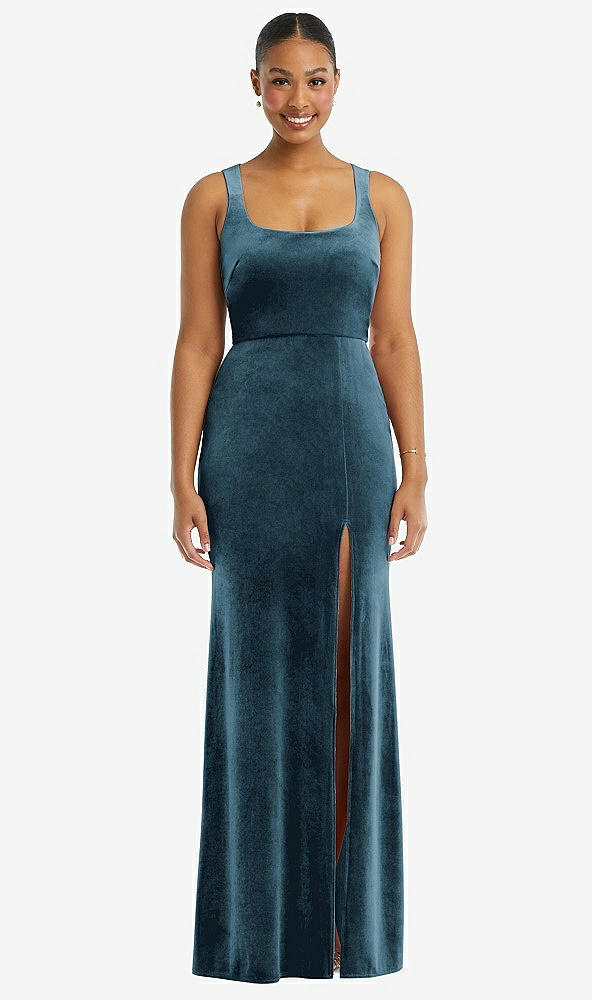 Front View - Dutch Blue Square Neck Closed Back Velvet Maxi Dress