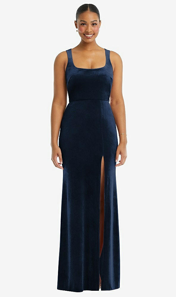 Front View - Midnight Navy Square Neck Closed Back Velvet Maxi Dress
