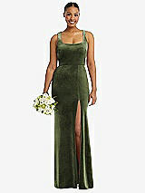 Alt View 1 Thumbnail - Olive Green Square Neck Closed Back Velvet Maxi Dress
