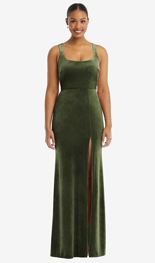 Front View - Olive Green Square Neck Closed Back Velvet Maxi Dress