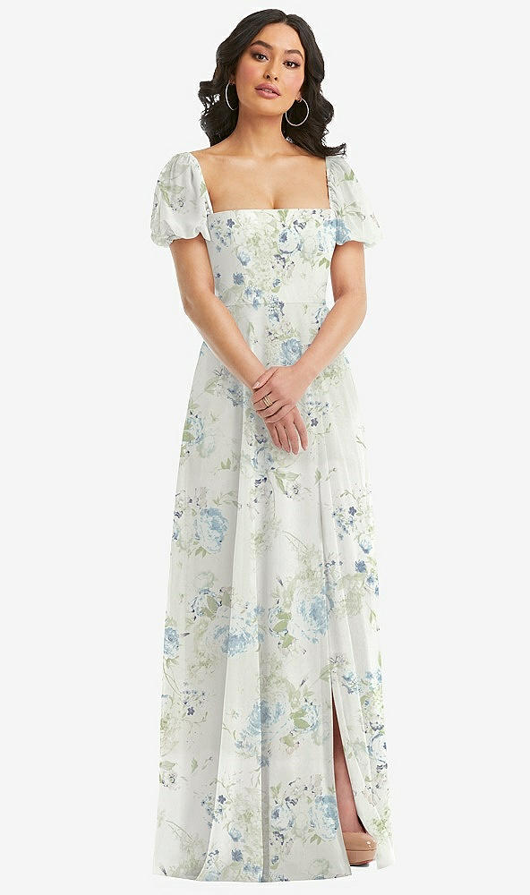 Front View - Bleu Garden Puff Sleeve Chiffon Maxi Dress with Front Slit