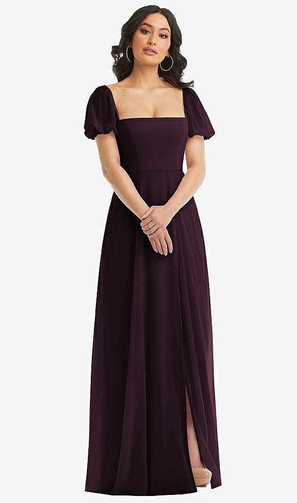 Front View - Deep Plum Puff Sleeve Chiffon Maxi Dress with Front Slit