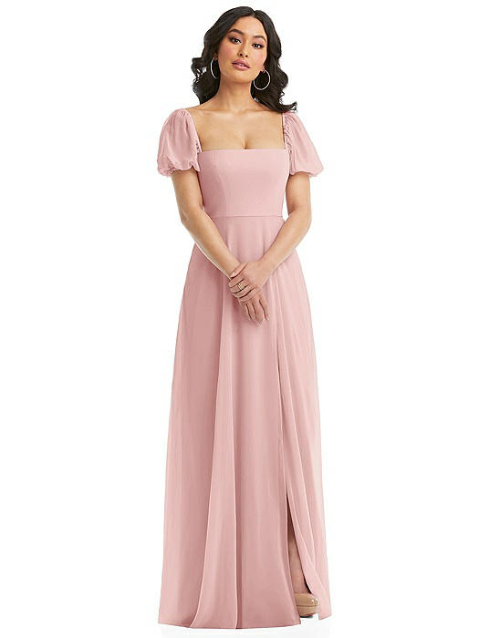 Puff Sleeve Chiffon Maxi Dress with Front Slit