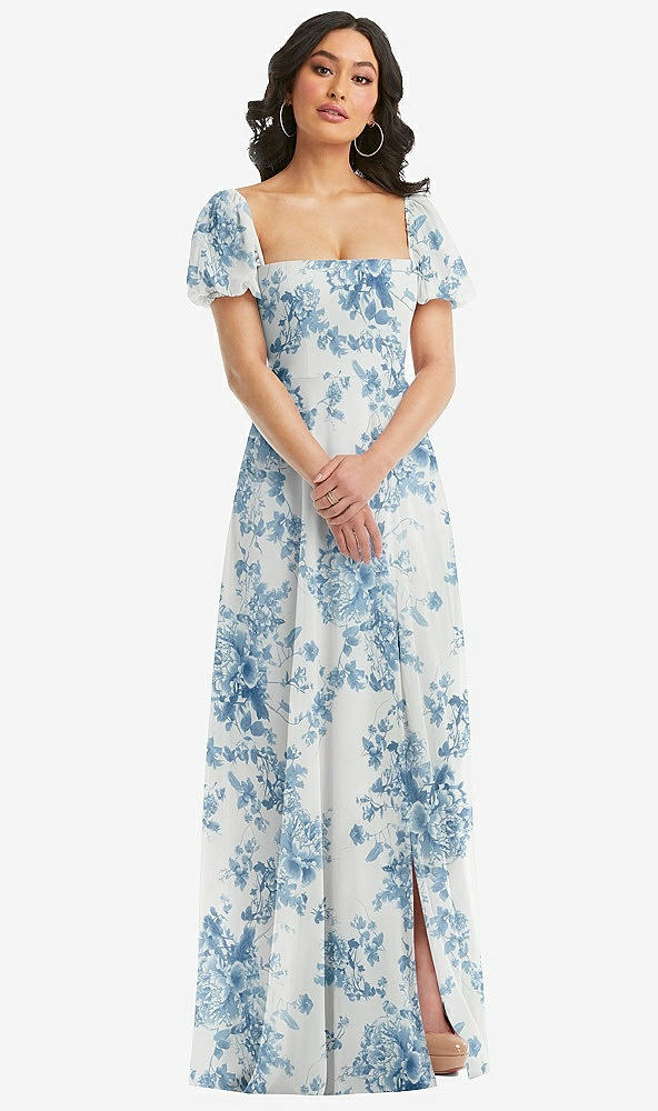Front View - Cottage Rose Dusk Blue Puff Sleeve Chiffon Maxi Dress with Front Slit