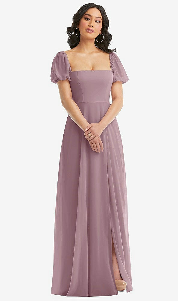 Front View - Dusty Rose Puff Sleeve Chiffon Maxi Dress with Front Slit