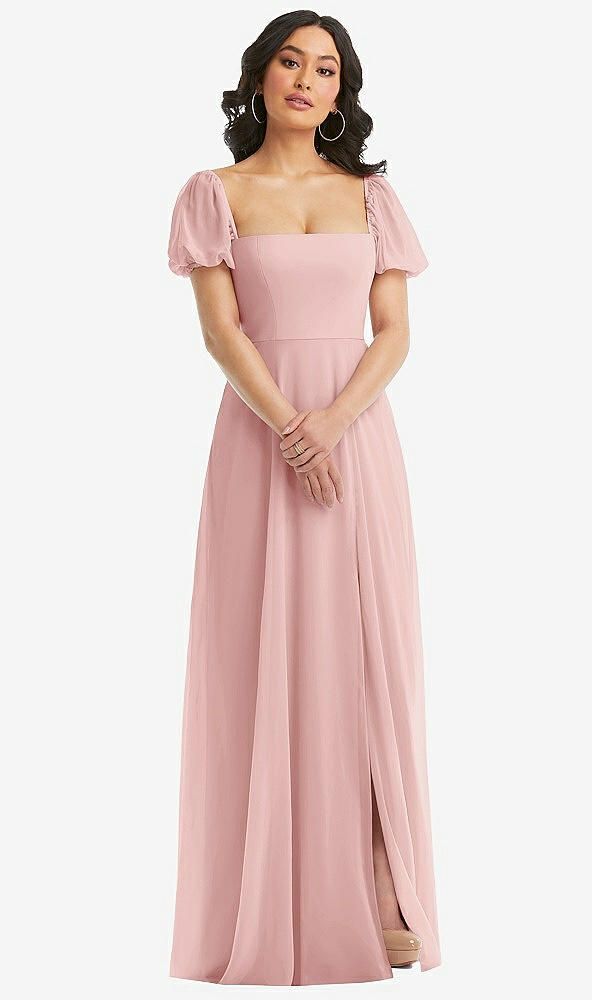 Front View - Rose Puff Sleeve Chiffon Maxi Dress with Front Slit
