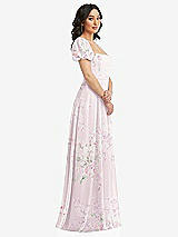 Side View Thumbnail - Watercolor Print Puff Sleeve Chiffon Maxi Dress with Front Slit