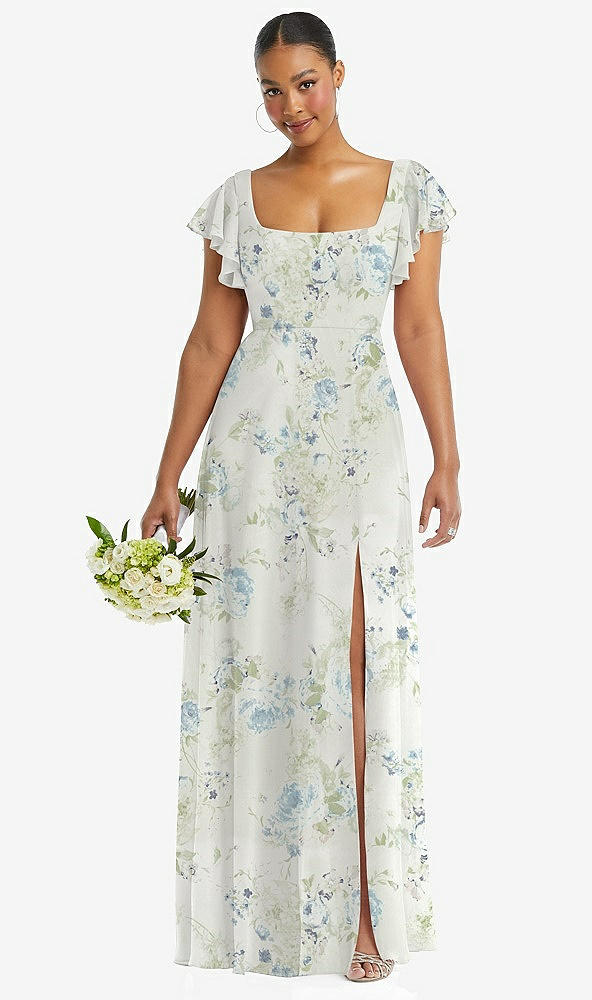 Front View - Bleu Garden Flutter Sleeve Scoop Open-Back Chiffon Maxi Dress