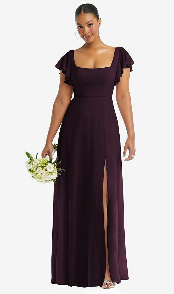 Front View - Deep Plum Flutter Sleeve Scoop Open-Back Chiffon Maxi Dress